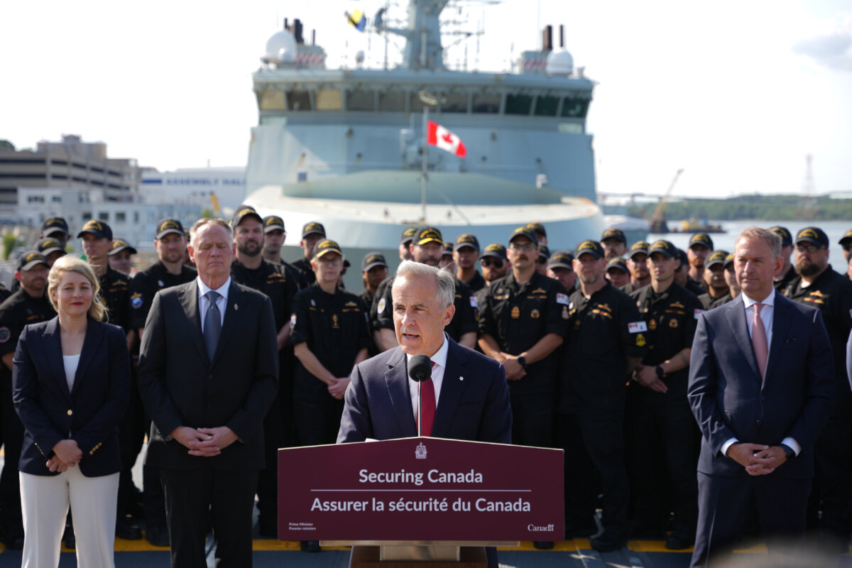 Prime Minister Mark Carney makes an announcement at HMC Dockyard in Halifax on July 6, 2026. (The Canadian Press/Darren Calabrese)