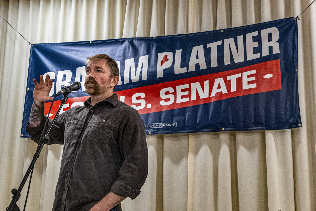 Democratic U.S. Senate candidate Graham Platner speaks to voters at a town hall at the Elks Lodge 188 in Portland, Maine, on June 7, 2026. (Laura Brett/Getty Images)