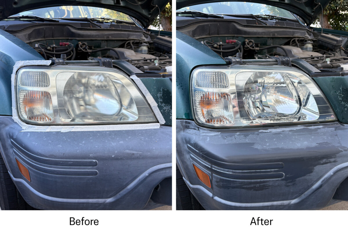 before and after using Cerakote Headlight Restoration Kit