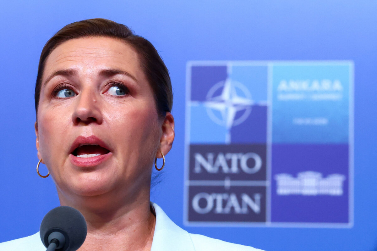 Denmark's Prime Minister Mette Frederiksen speaks to reporters at the NATO summit in Ankara, Turkey, on July 8, 2026. (Yves Herman/Reuters)