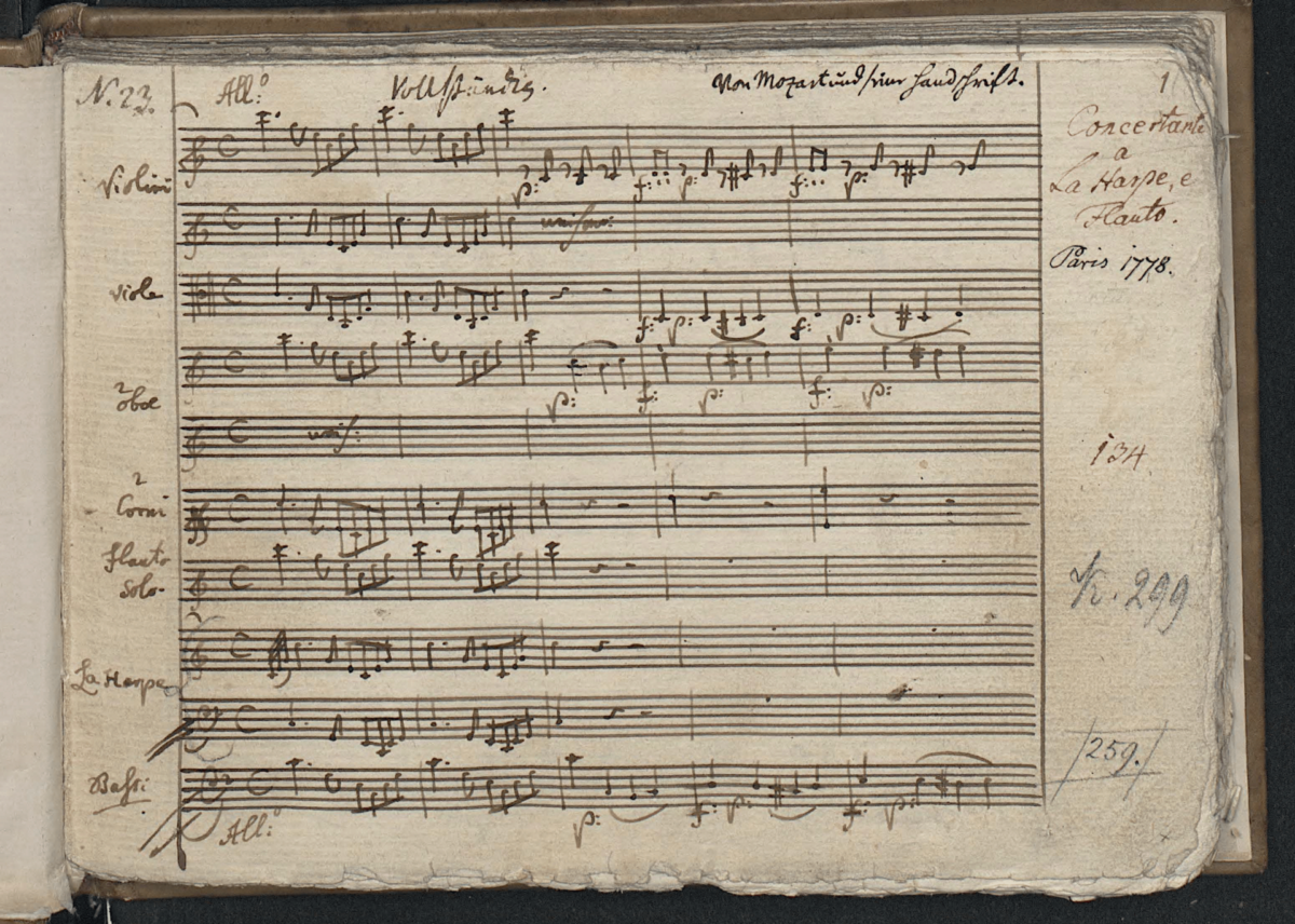 The first page of Mozart's April 1778 composition "Concerto for Flute and Harp, and Orchestra in C Major." (Public Domain)
