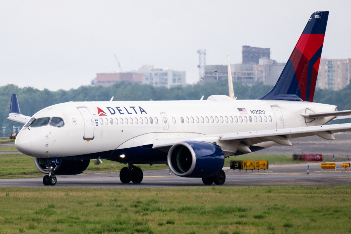 A Delta Air Lines Airbus A220 airplane prepares to take off at Ronald Reagan Washington National Airport in Arlington, Va., on July 10, 2025. (Saul Loeb/AFP via Getty Images)