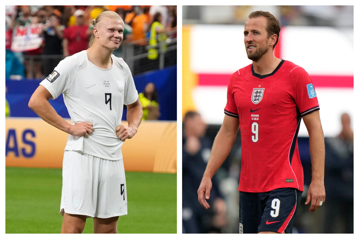 (L) Norway's Erling Haaland (9) reacts after the World Cup round of 32 soccer match between Ivory Coast and Norway in Arlington, Texas, near Dallas, Tuesday, June 30, 2026. (AP Photo/Tony Gutierrez)
(R) England's Harry Kane (9) walks off the pitch after the World Cup Group L soccer match between Panama and England in East Rutherford, N.J., near New York, Saturday, June 27, 2026. (AP Photo/Steve Luciano)