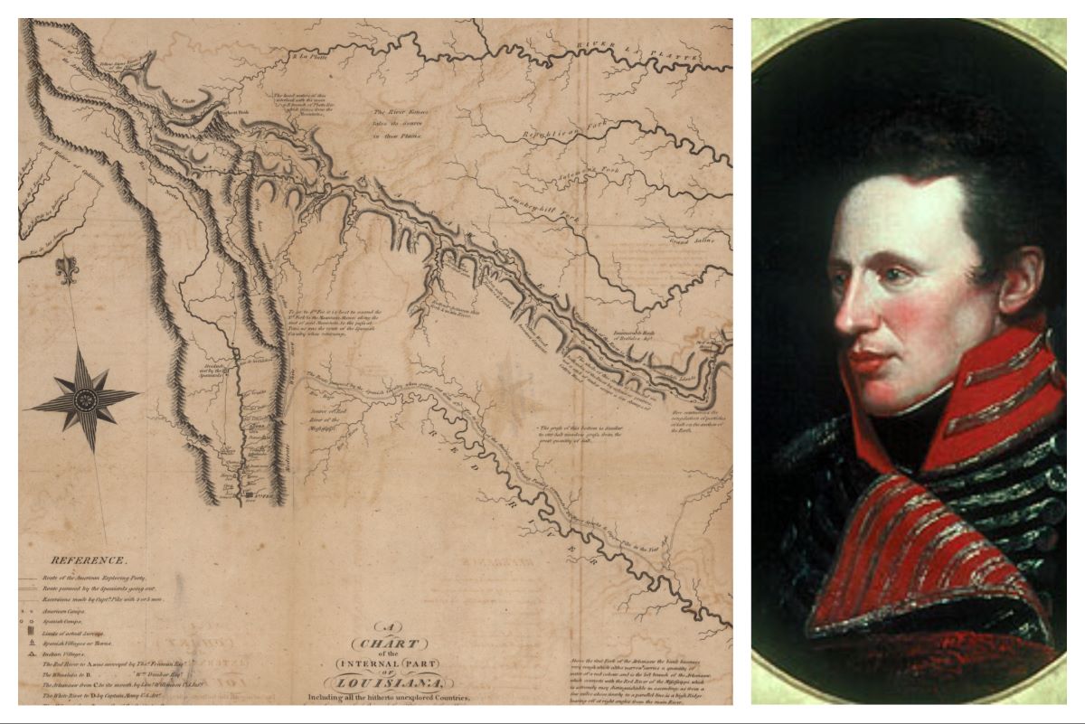 (Left) "A Chart of the Internal Part of Louisiana" from "An Account of Expeditions to the Sources of the Mississippi and through the Western Parts of Louisiana." Library of Congress. (Left) Zebulon Pike, in this Charles Willson Peale portrait, led two expeditions though the newly acquired Louisiana Territory. (Public Domain)