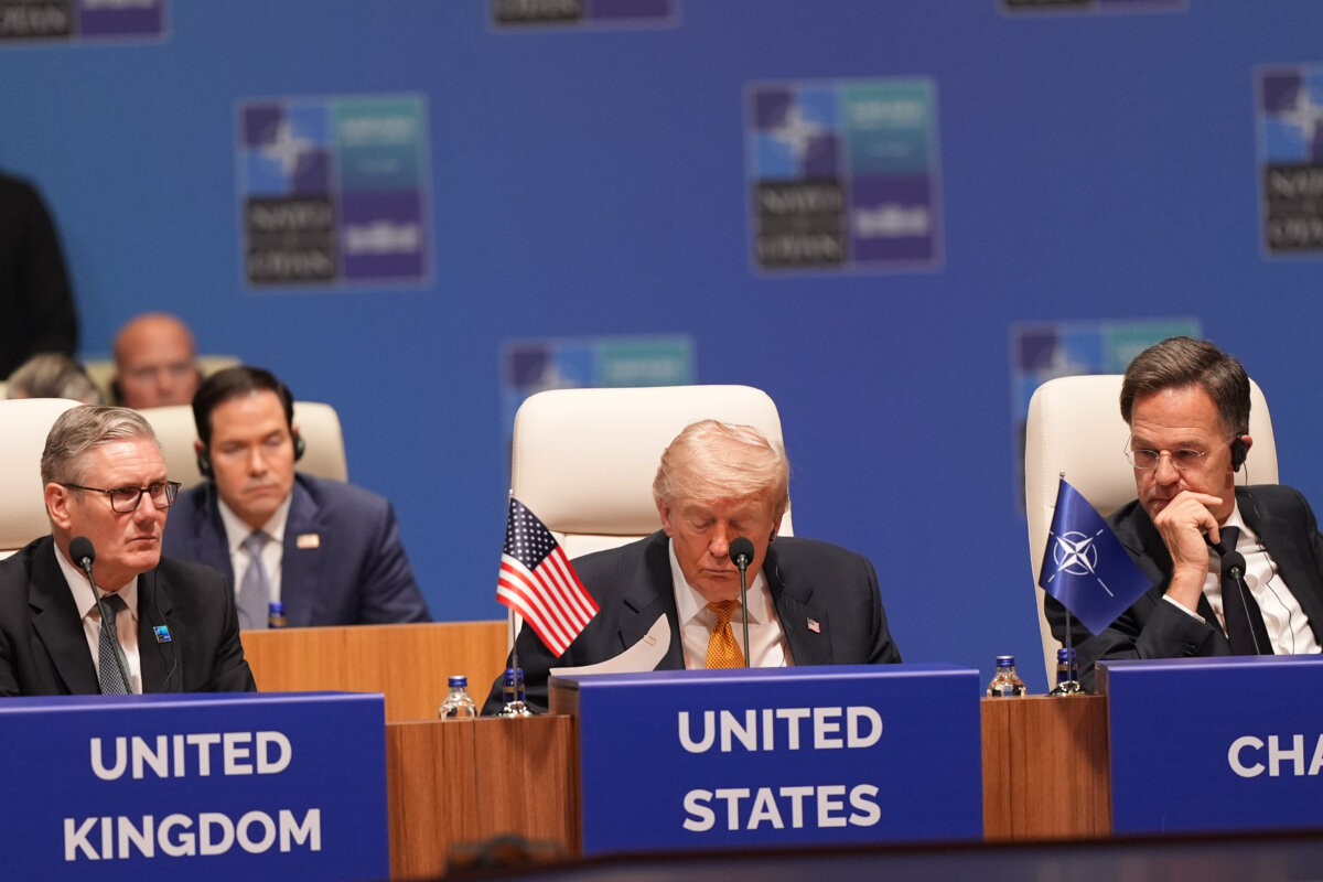 U.S. President Donald Trump (C), NATO Secretary-General Mark Rutte (R), and British Prime Minister Keir Starmer (L) attend the plenary session at the NATO summit in Ankara, Turkey, on July 8, 2026. (Alex Brandon/AP)