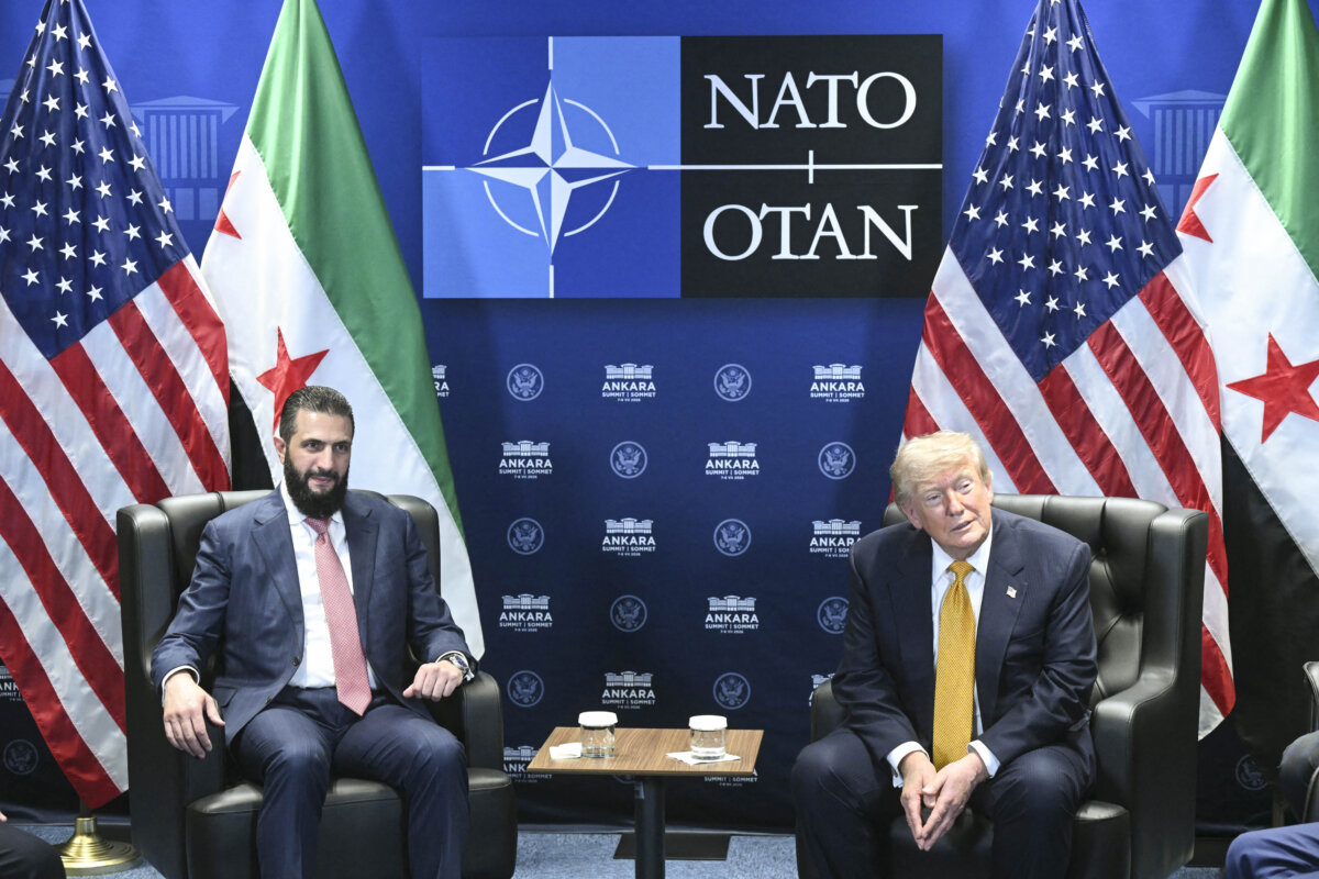 U.S. President Donald Trump meets Syrian President Ahmed al-Sharaa (L) on the sidelines of the NATO Summit at Bestepe Presidential Compound in Ankara, Turkey, on July 8, 2026. (Saul Loeb/AFP via Getty Images)