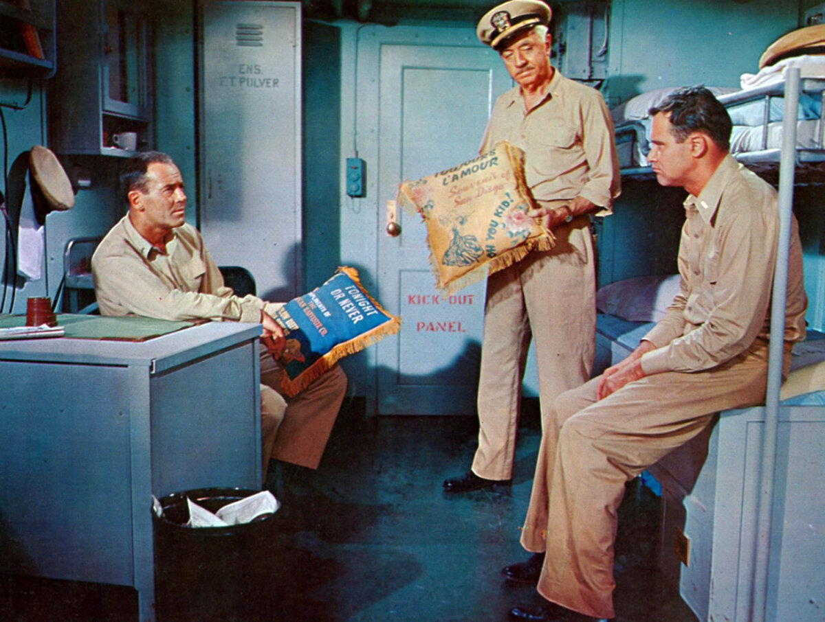(L–R) Lt. Roberts (Henry Fonda), Doc (William Powell), and Ensign Pulver (Jack Lemmon), in “Mister Roberts.” (Warner Bros.)