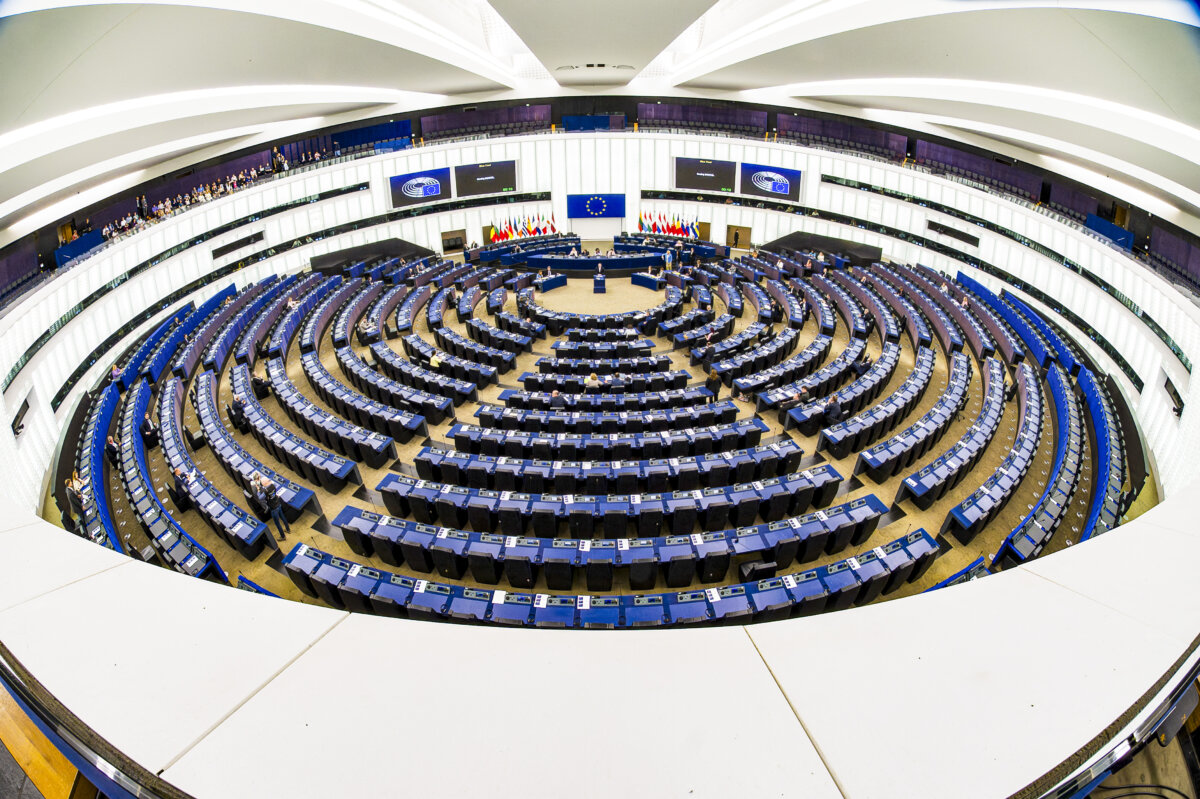 This photograph shows the hemicycle of the European Parliament during a plenary session in Strasbourg, eastern France, on July 8, 2025. (JEAN-CHRISTOPHE VERHAEGEN/AFP via Getty Images)