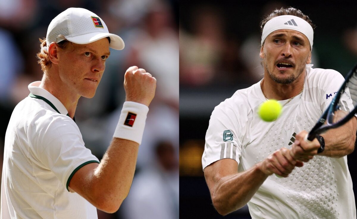 Jannik Sinner of Italy (left) during a Wimbledon 2026 match on July 10, 2026. Germany's Alexander Zverev during a Wimbledon 2026 match on July 6, 2026. (Clive Brunskill/Adrian Dennis/AFP via Getty Images)