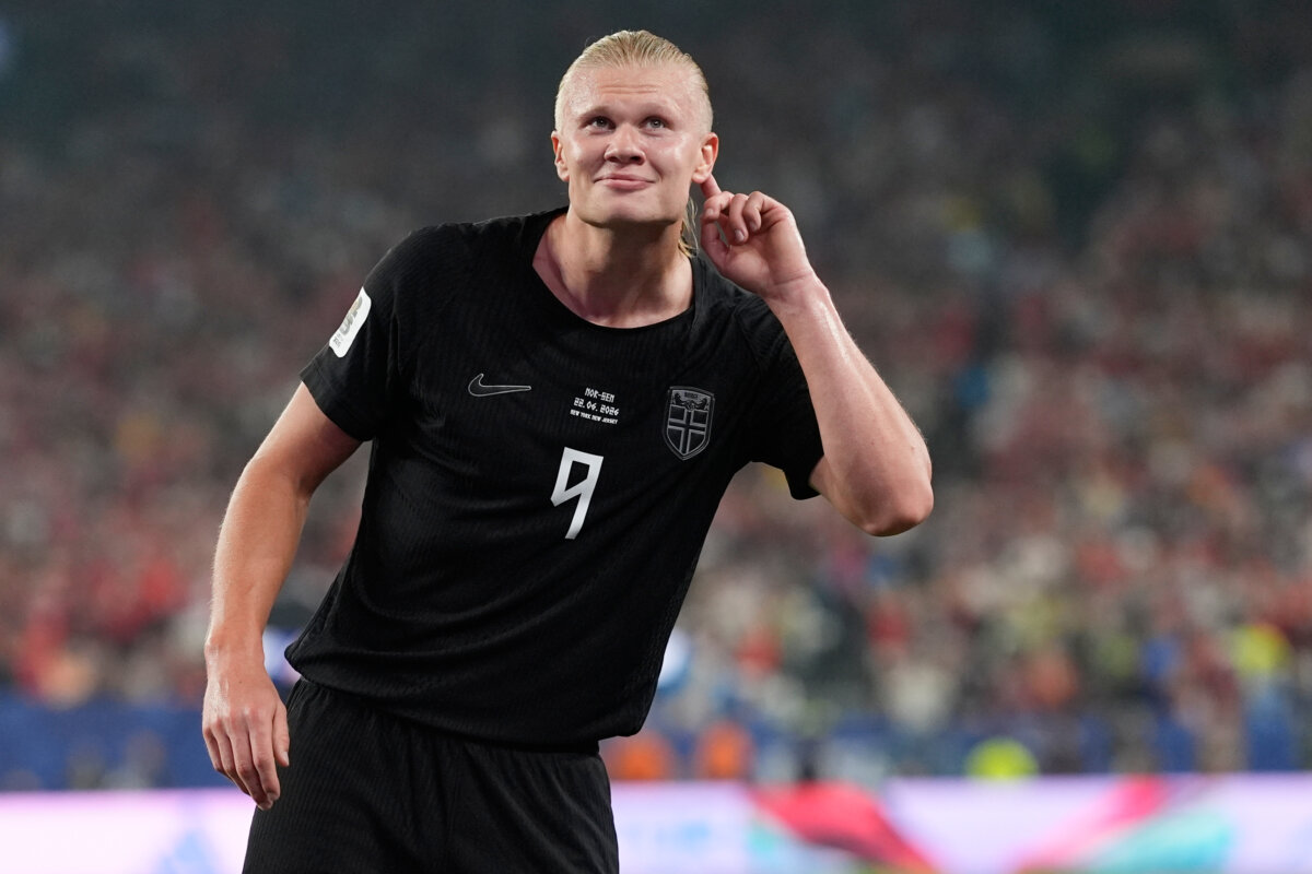 Norway's Erling Haaland (9) celebrates after scoring their third goal during the World Cup Group I soccer match between Norway and Senegal in East Rutherford, N.J., near New York, on June 22, 2026. (Steve Luciano/AP Photo)