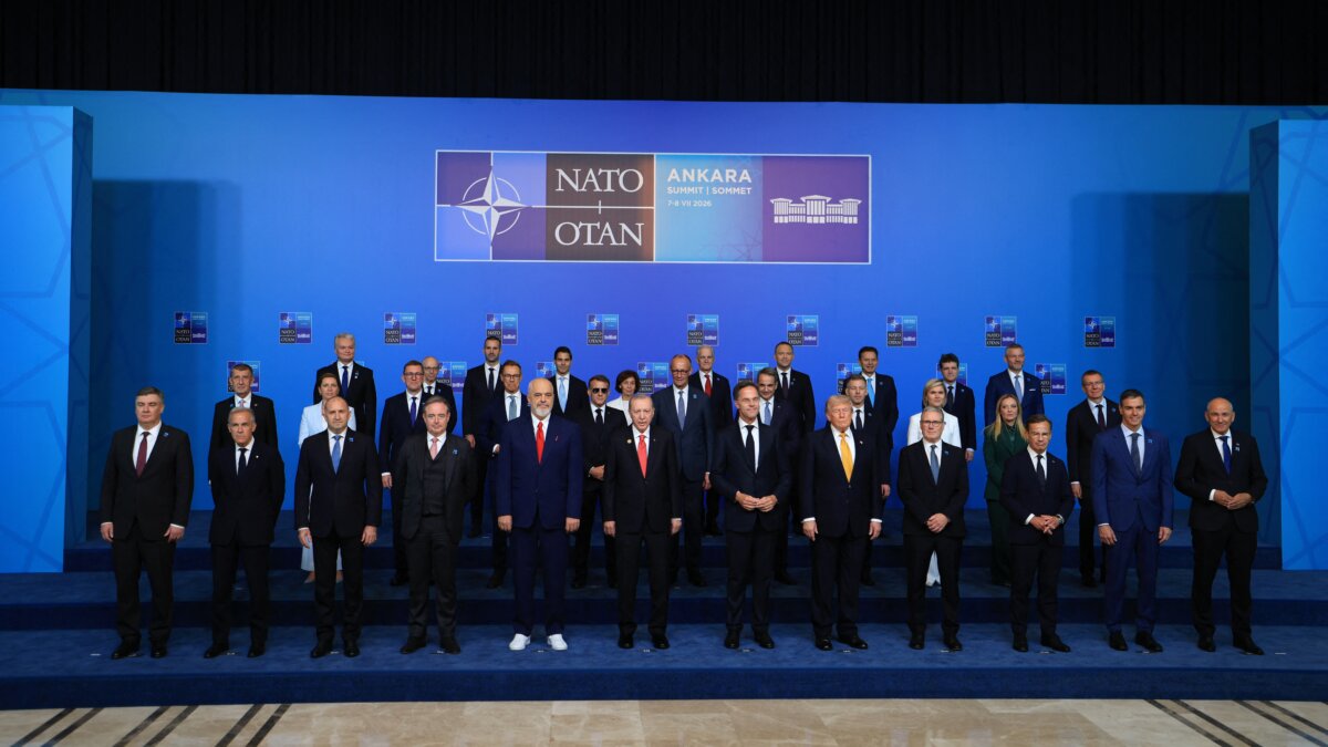 (From 6th L) NATO leaders pose for a family photo during the NATO summit at Bestepe Presidential Complex in Ankara, Turkey, on July 8, 2026. (Ludovic Marin/Pool/AFP via Getty Images)