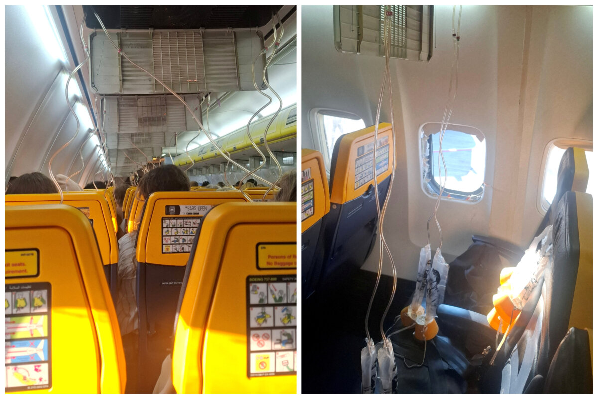 The interior of the Ryanair aircraft (L) and a broken window and the interior of the Ryanair (R) following a reported emergency landing, in location given as Thessaloniki, Greece, on July 10, 2026. (Despoina Papapavlou via Reuters)