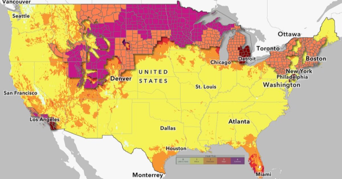 A map released by the National Weather Service on July 13, 2026, shows heat-related advisories across the United States. Areas in purple are under extreme heat warnings, while areas in dark red are under extreme heat watches. Areas in orange are under heat advisories. (National Weather Service via The Epoch Times)