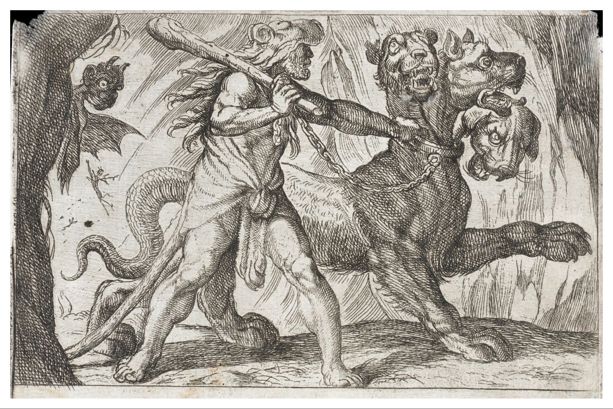 "Cerberus and Heracles." Etching by Antonio Tempesta (Florence, Italy, 1555–1630). The Los Angeles County Museum of Art. (Public Domain)