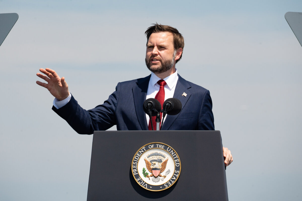 Vice President JD Vance delivers remarks aboard the USS Kearsarge at the International Naval Review 250 in New York City on July 4, 2026. (Samira Bouaou/The Epoch Times)