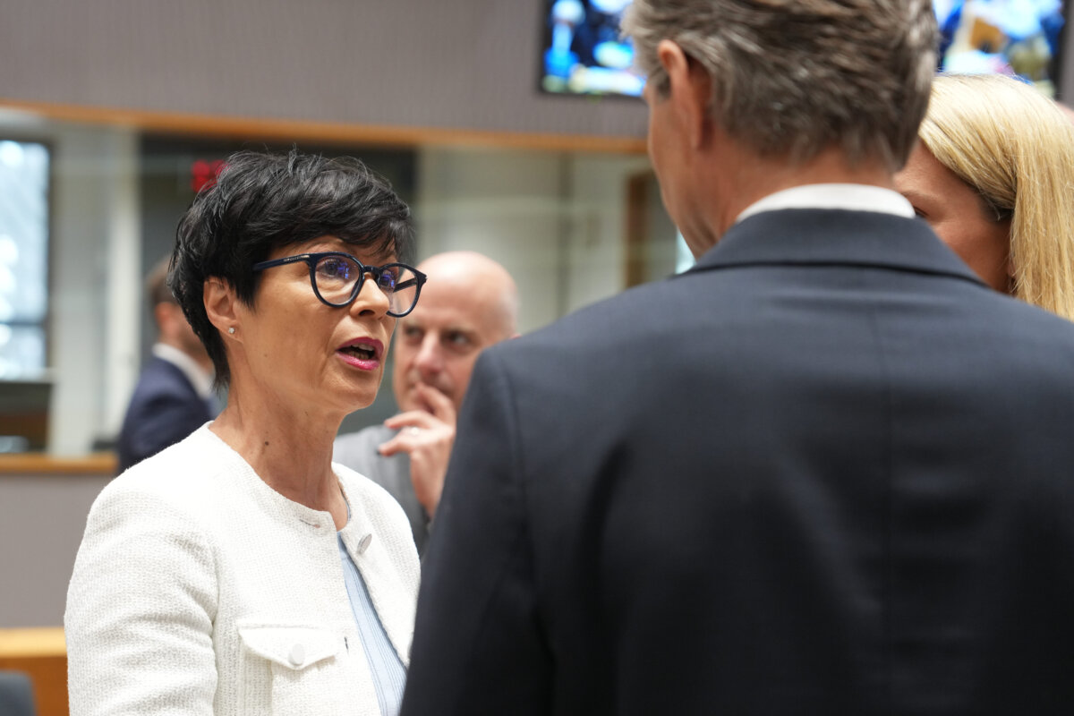 European Commissioner for Enlargement Marta Kos (L) speaks with Lithuanian Foreign Minister Kestutis Budrys (C) and European Union foreign policy chief Kaja Kallas (R) during a roundtable meeting of EU foreign ministers in Brussels on July 13, 2026. (AP Photo/Marius Burgelman)