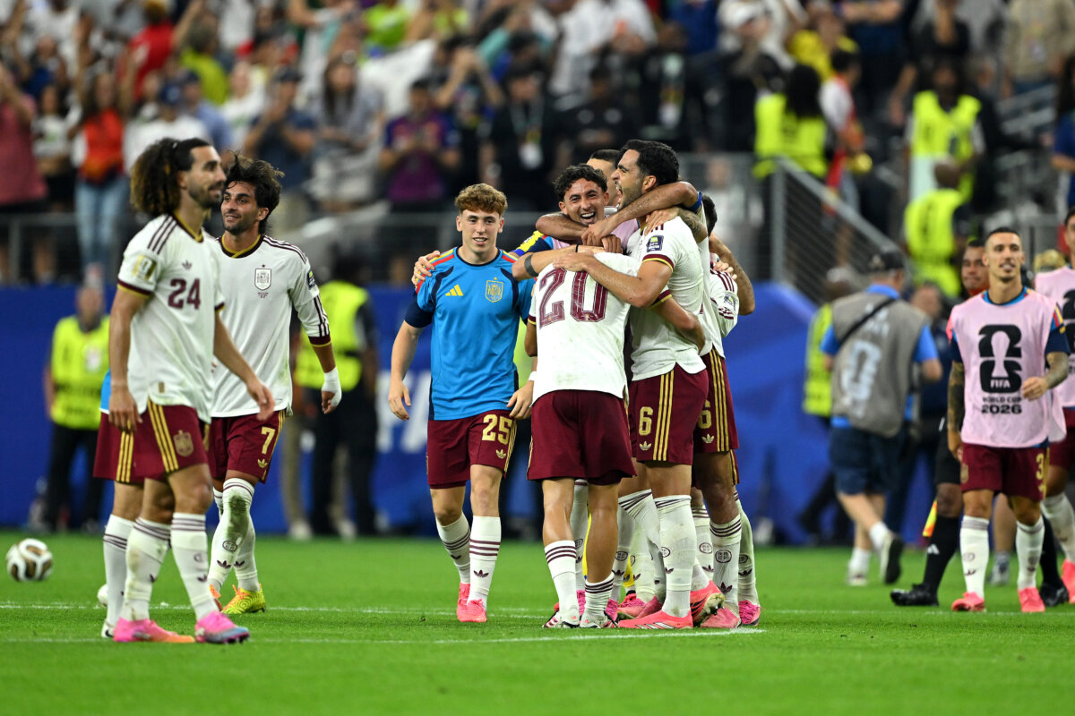 Spain players celebrate after the 2–0 victory during the FIFA World Cup 2026 Semifinal match between France and Spain at Dallas Stadium in Arlington, Texas, on July 14, 2026. (Shaun Botterill/Getty Images)