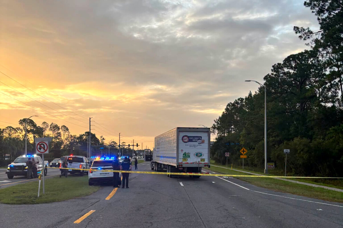 The eastbound lanes of SR 16 between Outlet Mall Boulevard and Inman Road in St. Augustine, Fla., are shutdown after a fatal collision, July 14, 2026. (St. Johns County Sheriff's Office via AP)