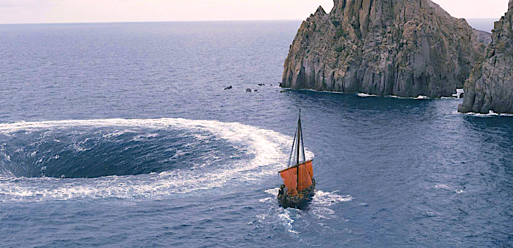 a giant whirlpool being skirted by a Greek ship in The Odyssey