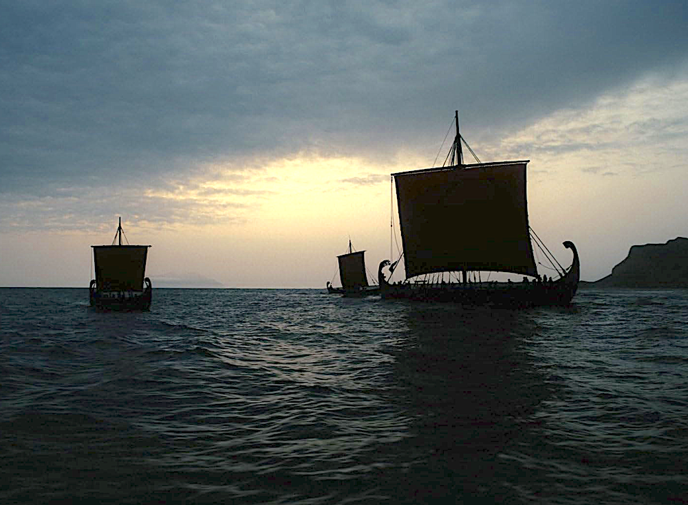 Three ships on the the ocean in The Odyssey