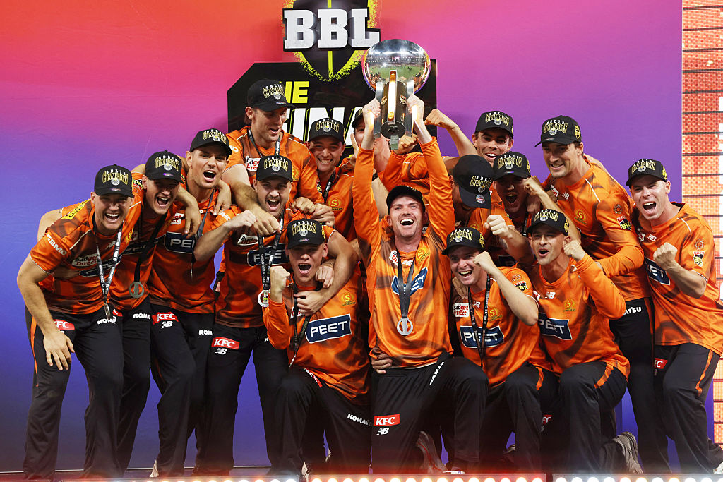 Perth Scorchers players celebrate their win after the Big Bash League T20 cricket final between Perth Scorchers and Sydney Sixers at the Optus Stadium in Perth on Jan. 25, 2026. (Colin Murty/AFP via Getty Images)