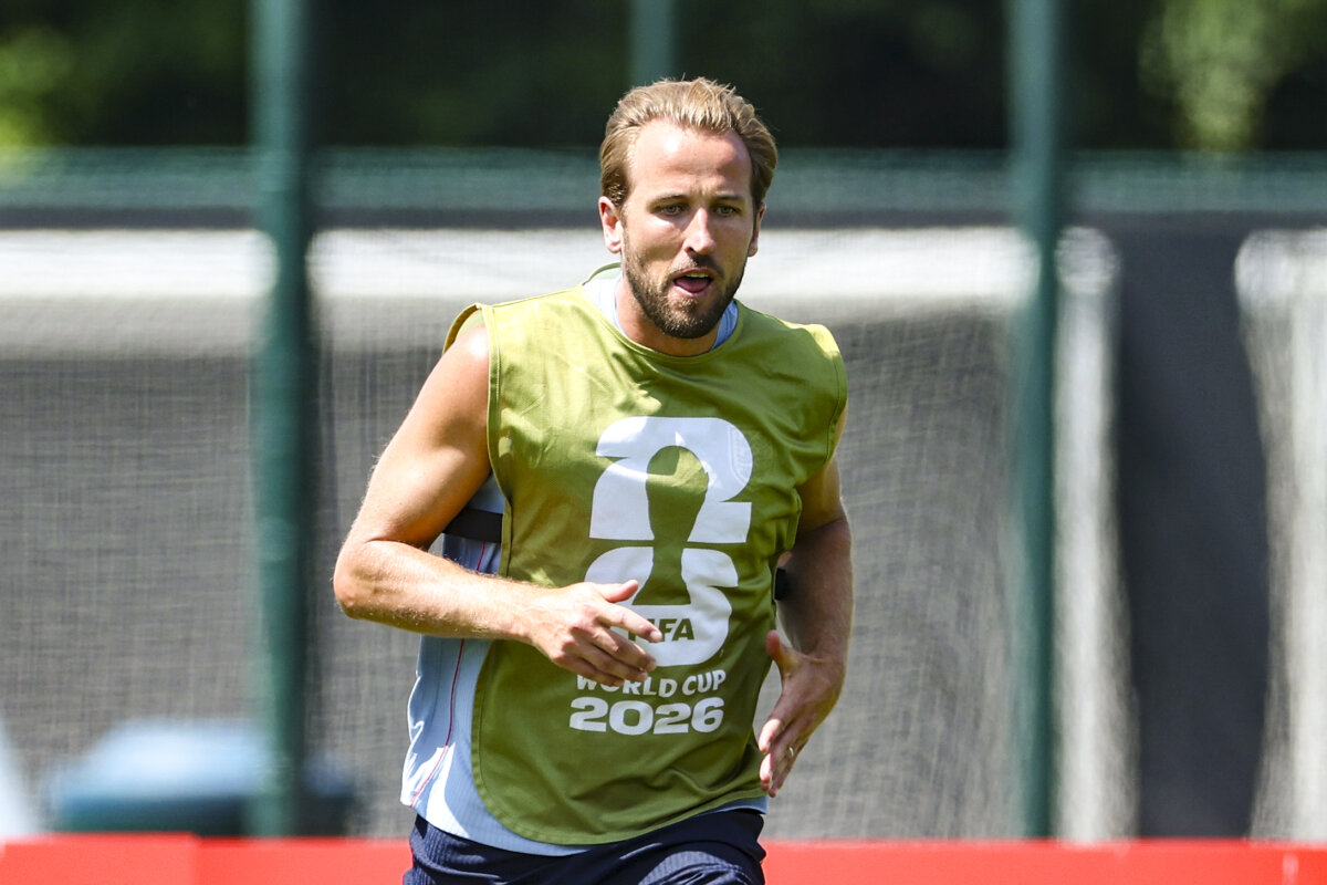 Harry Kane #9 of England attends a training session one day ahead of the FIFA World Cup 2026 Semi Final match at Swope Soccer Village in Kansas City, Miss., on July 14, 2026. (Richard Pelham/Getty Images)