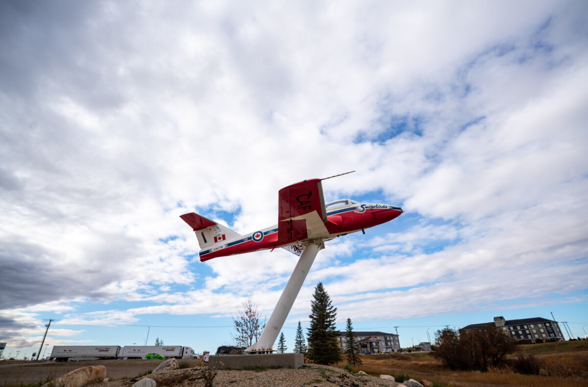 A Snowbirds Tutor jet replica in Moose Jaw, Sask., on Oct. 24, 2024. (The Canadian PressS/Heywood Yu)