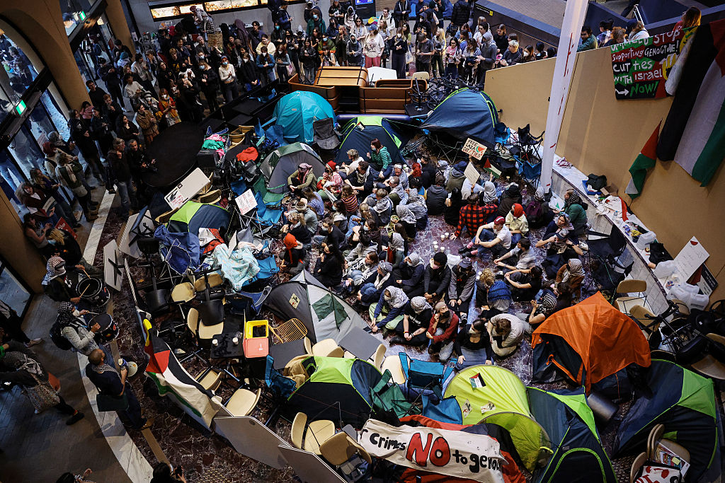 Pro-Palestinian students hold a sit-in at Melbourne University's Arts West building in Melbourne, Australia, on May 15, 2024. (Martin Keep/AFP via Getty Images)
