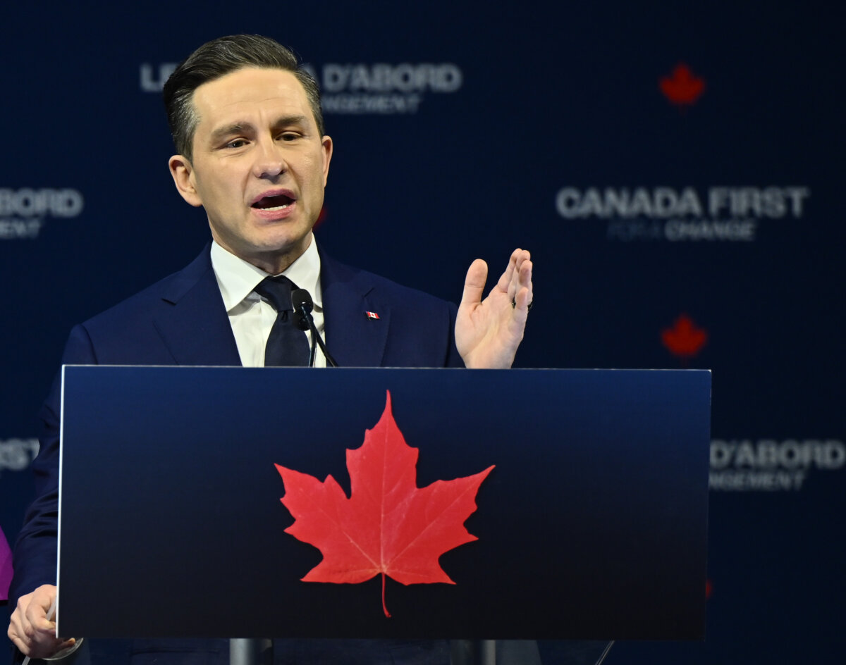Conservative Leader Pierre Poilievre speaks to supporters on election night in Ottawa in the early hours of April 29, 2025. (Minas Panagiotakis/Getty Images)