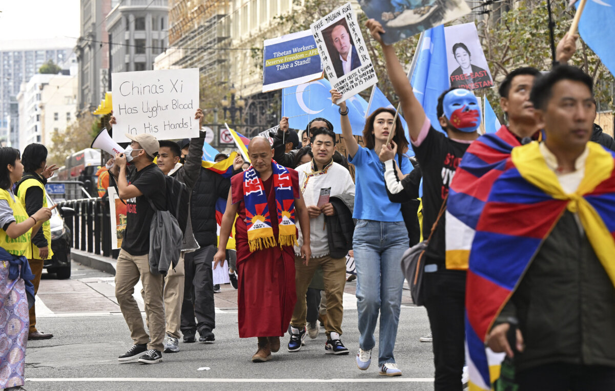 Demonstrators representing Tibetans and Uyghurs protest during the Asia-Pacific Economic Cooperation (APEC) Leaders' Week in San Francisco, California, on November 15, 2023. (Frederic J. Brown / AFP via Getty Images)