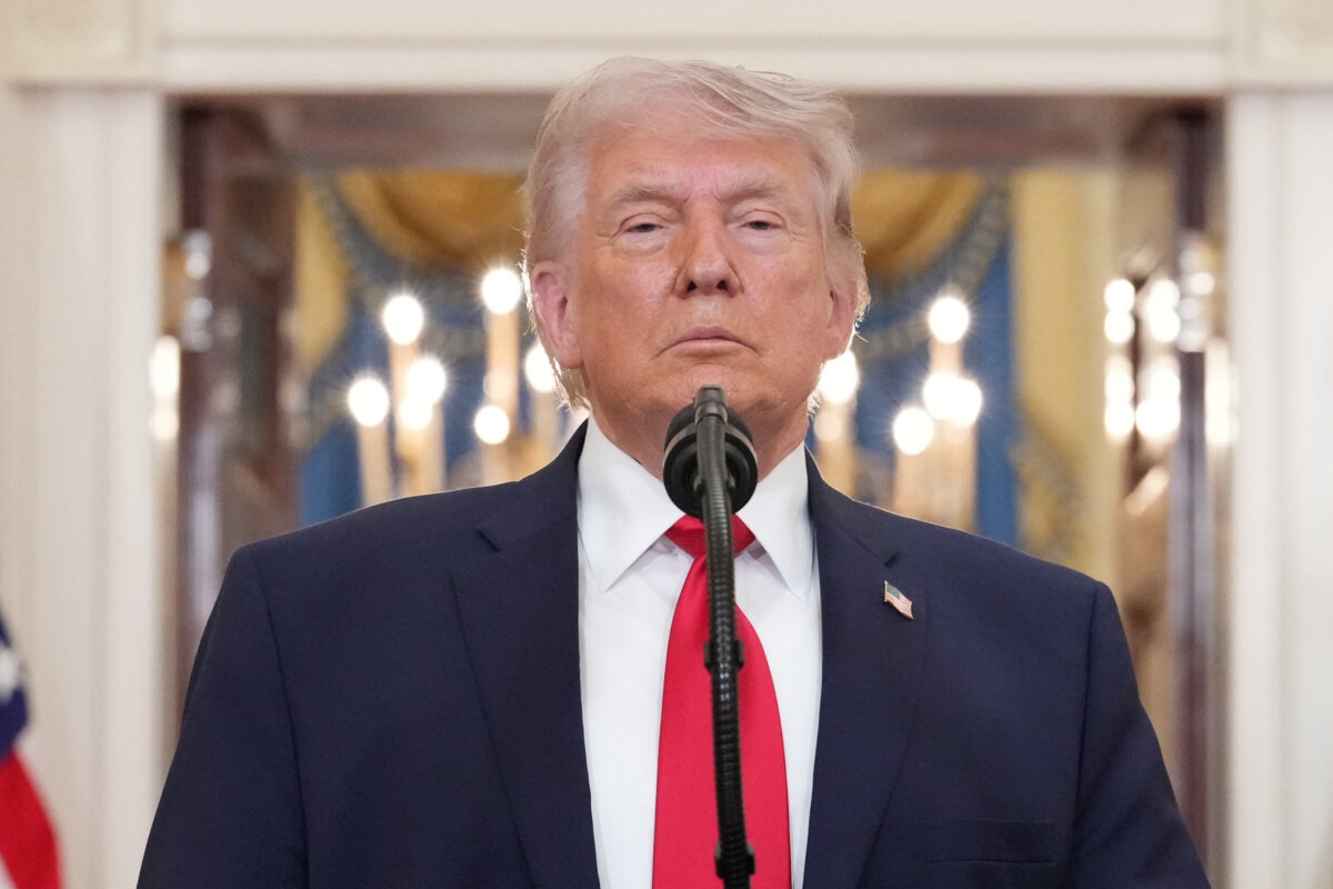 President Donald Trump pauses as he finishes speaking about the Iran war from the Cross Hall of the White House in Washington on April 1, 2026. (Alex Brandon-Pool/Getty Images)