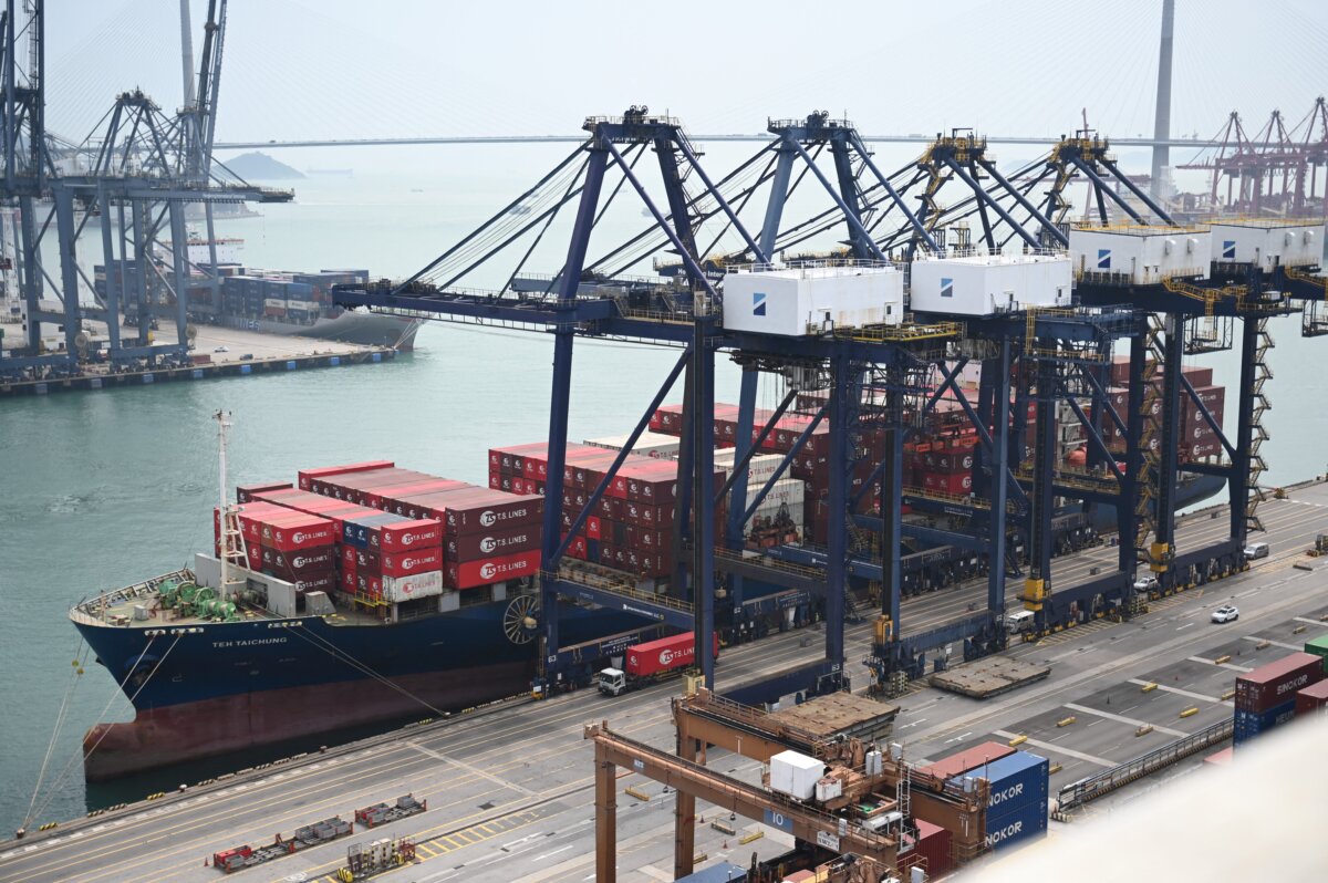 A ship unloads its cargo at Kwai Chung Container Terminal in Hong Kong on April 10, 2025. (Peter Parks/AFP via Getty Images)