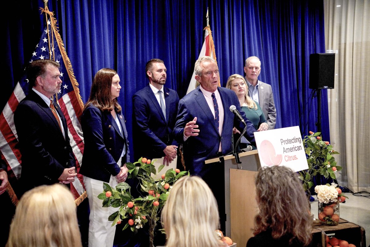 Health and Human Services Secretary Robert F. Kennedy Jr. announces a Food and Drug Administration rule change for pasteurized orange juice sugar content in Lakeland, Fla., on July 17, 2026. (Jacob Burg/The Epoch Times)