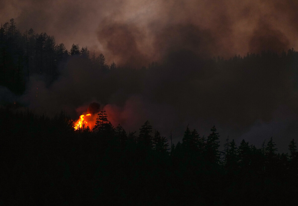 The Brunswick Creek wildfire consumes trees on a mountainside, in Boston Bar, B.C., on July 9, 2026. (The Canadian Press/Darryl Dyck)