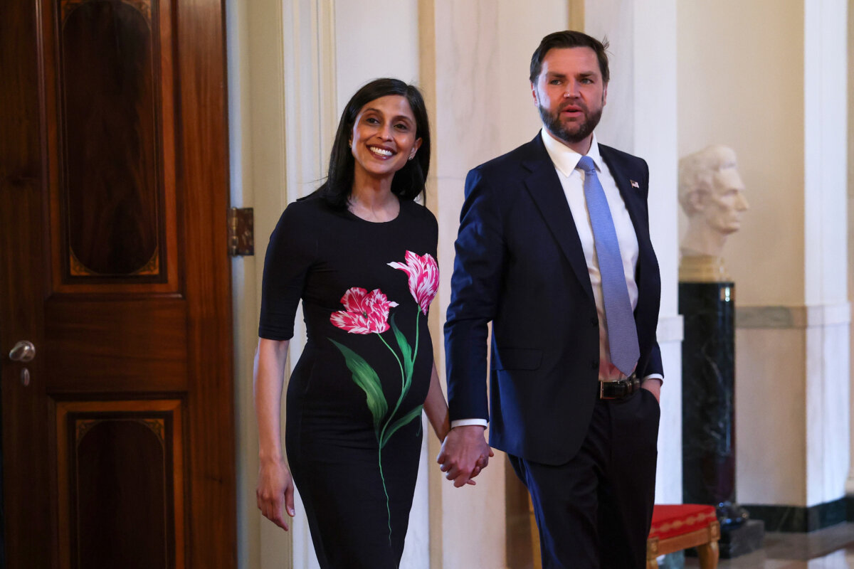Second Lady Usha Vance and Vice President JD Vance arrive for a military mothers celebration in the East Room of the White House on May 6, 2026. (Anna Moneymaker/Getty Images)