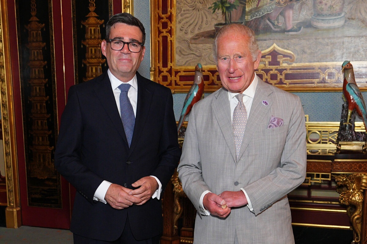 King Charles III poses with Britain's incoming Prime Minister Andy Burnham during an audience at Buckingham Palace in London on July 20, 2026. (Aaron Chown/AFP via Getty Images)