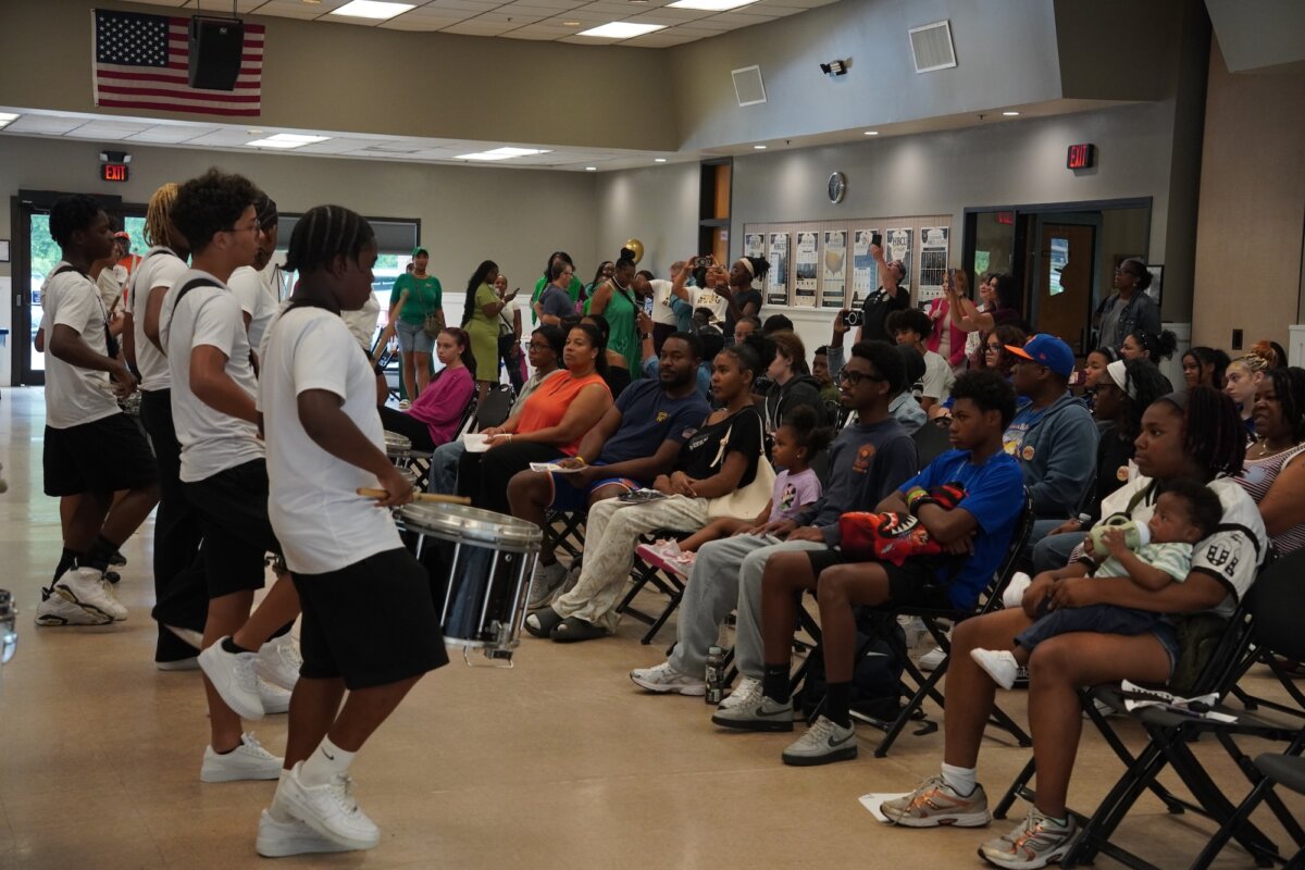 The Cobra Performing Arts Marching Band plays at the Orange County HBCU Information Session in Wallkill, N.Y., on July 18, 2026. (Oliver Mantyk/The Epoch Times)