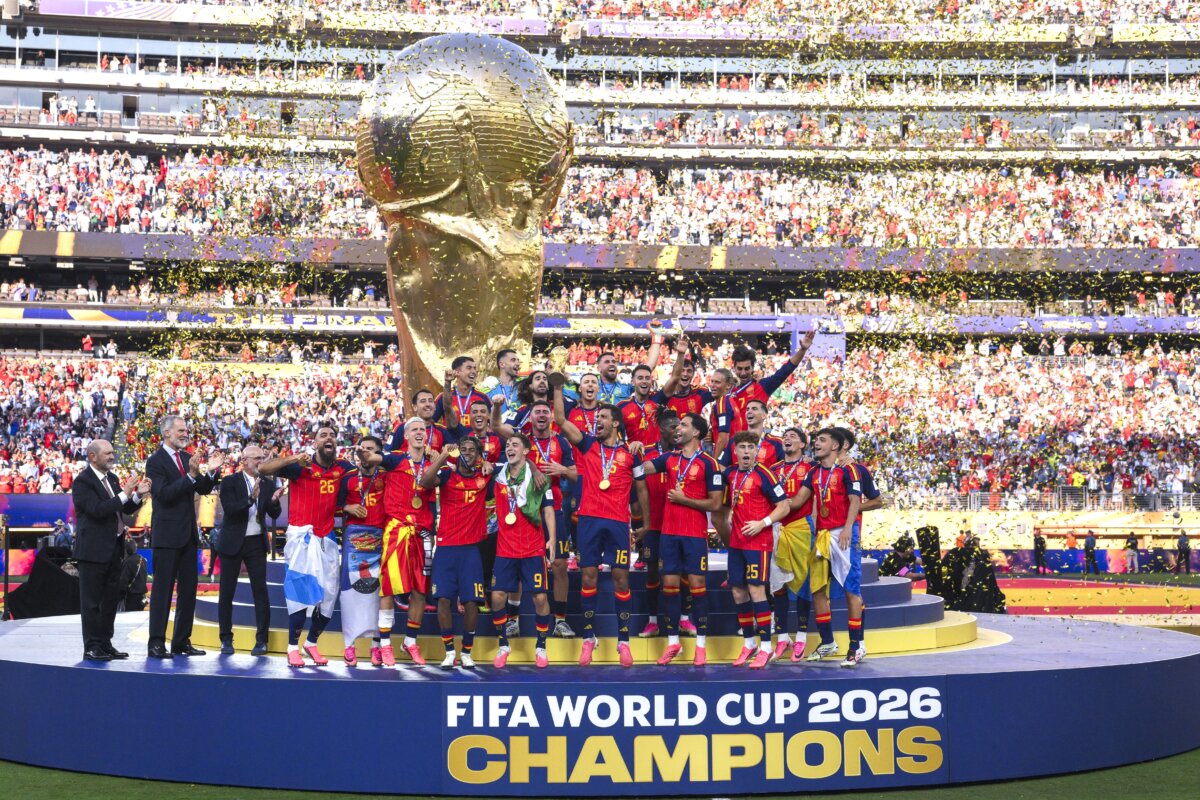 Rodri of Spain lifts the FIFA World Cup Winner’s Trophy after the team’s victory following the FIFA World Cup 2026 Final match between Spain and Argentina at New York New Jersey Stadium in East Rutherford, N.J., on July 19, 2026. (David Ramos/Getty Images)