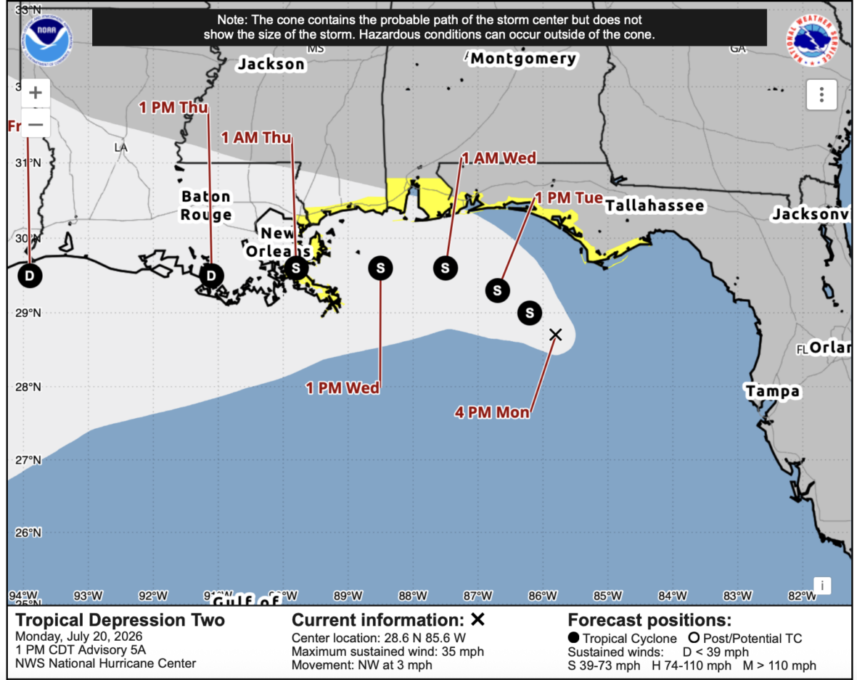 Forecast trajectory of the tropical depression expected to become Tropical Storm Bertha as of July 20, 2026. (NOAA/NHC/Screenshot via The Epoch Times)