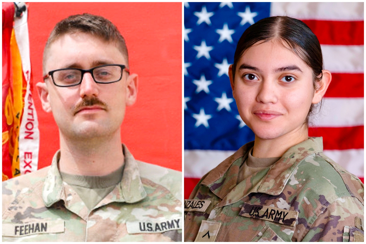 (Left) 1st Lt. Tyler James Feehan. (Right) Pvt. Isabella Gonzales, 19, of Carrollton, Texas. (U.S. Army Space and Missile Defense Command via AP/U.S. Army via AP)