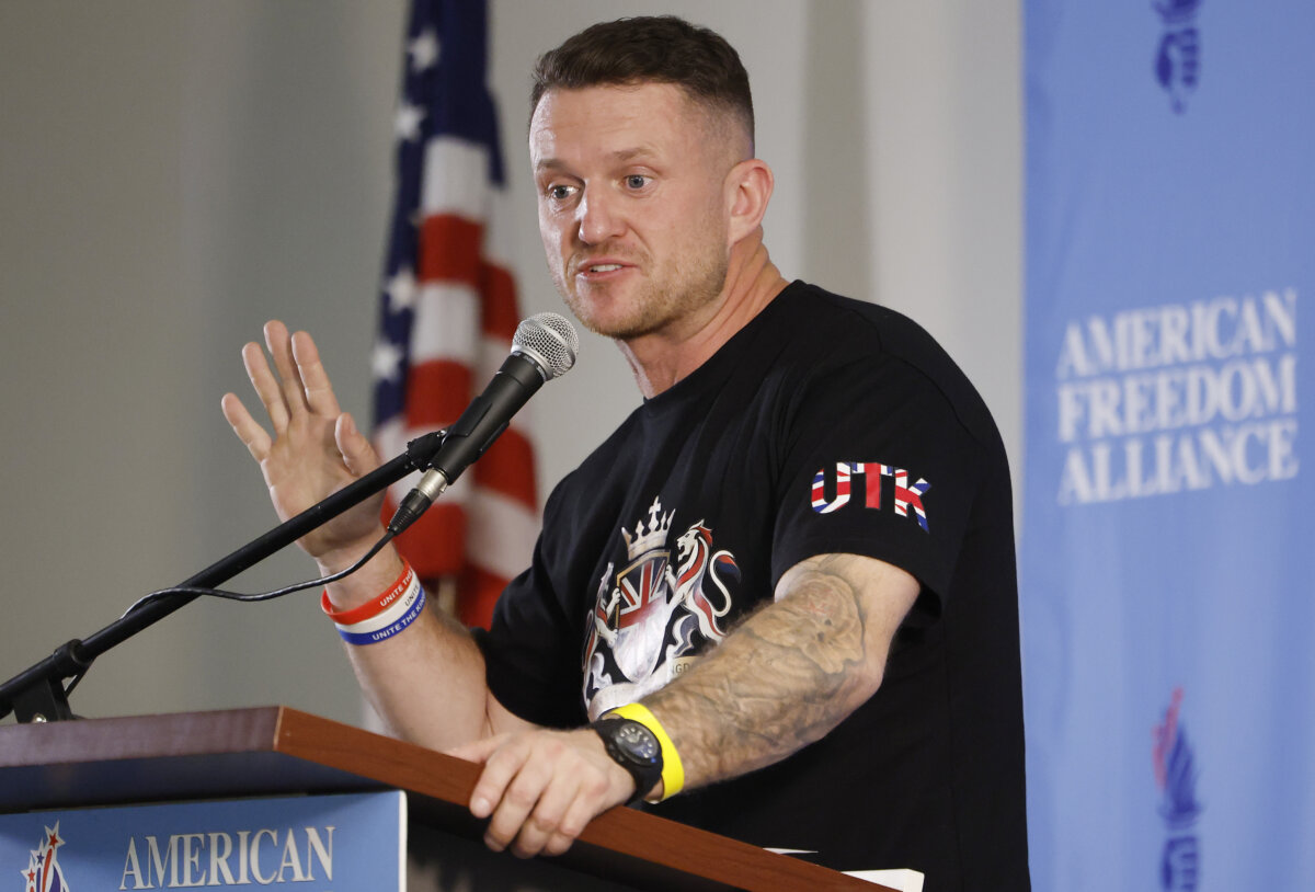British right-leaning influencer Tommy Robinson delivers a speech in Los Angeles, California, on April 15, 2026. (Mario Tama/Getty Images)