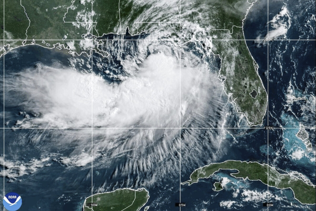 NOAA satellite image taken at 10:30 a.m. EST on Tuesday, July 21, 2026, shows Tropical Storm Bertha moving along the Gulf of Mexico's northern coast. (NOAA via AP)