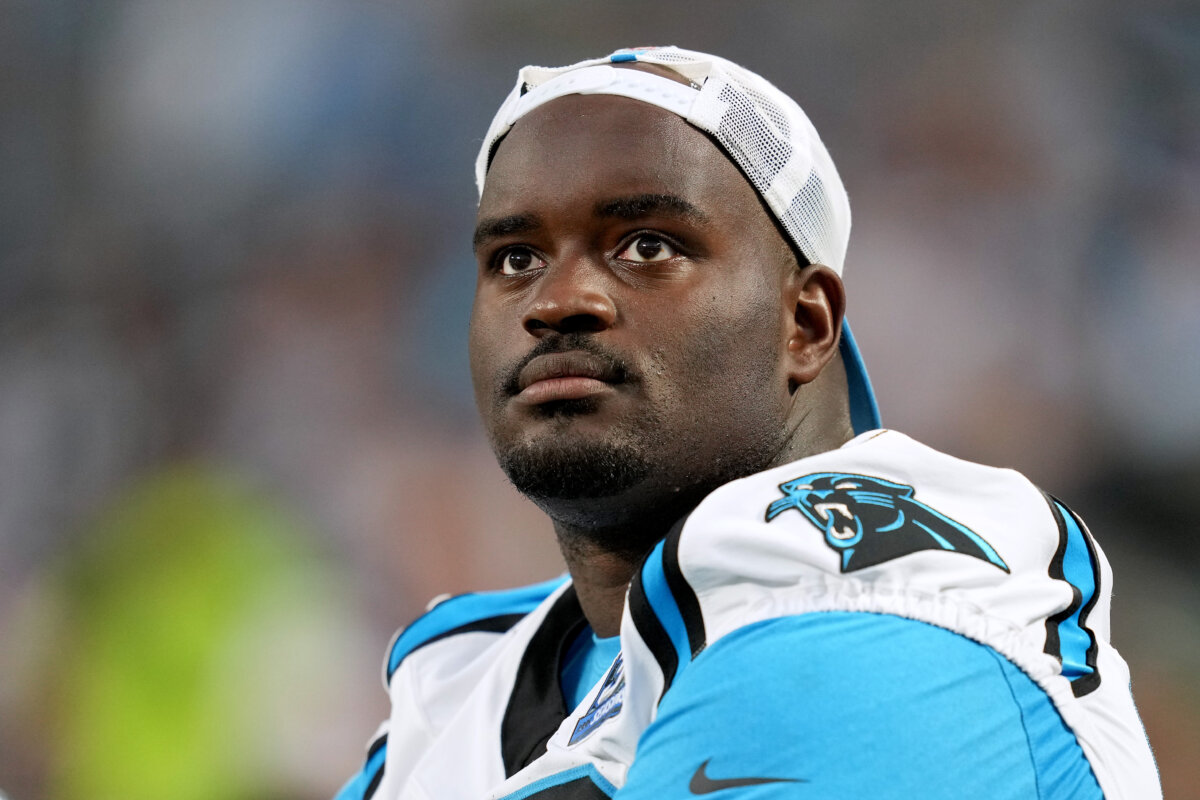 Taylor Moton #72 of the Carolina Panthers looks on during the first half of their preseason game against the New York Jets at Bank of America Stadium in Charlotte, North Carolina, on Aug. 17, 2024. (Grant Halverson/Getty Images)