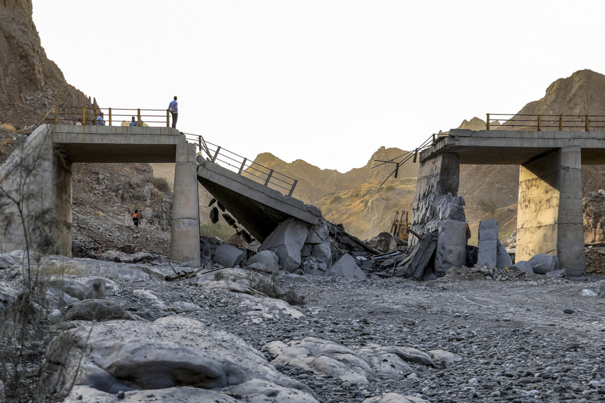 A heavily-damaged bridge which was hit by a U.S. strike along the road connecting Roudan and Bandar Abbas in southern Iran, on July 18, 2026. (Amir Hossein Khorgooei/ISNA/AFP via Getty Images)