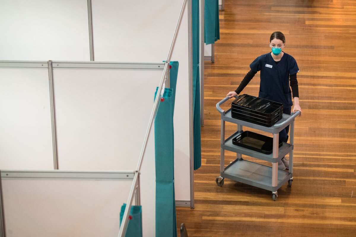 A nurse is seen inside the Royal Exhibition Building Vaccination Centre in Carlton in Melbourne, Australia, on Aug. 25, 2021. (Darrian Traynor/Getty Images)