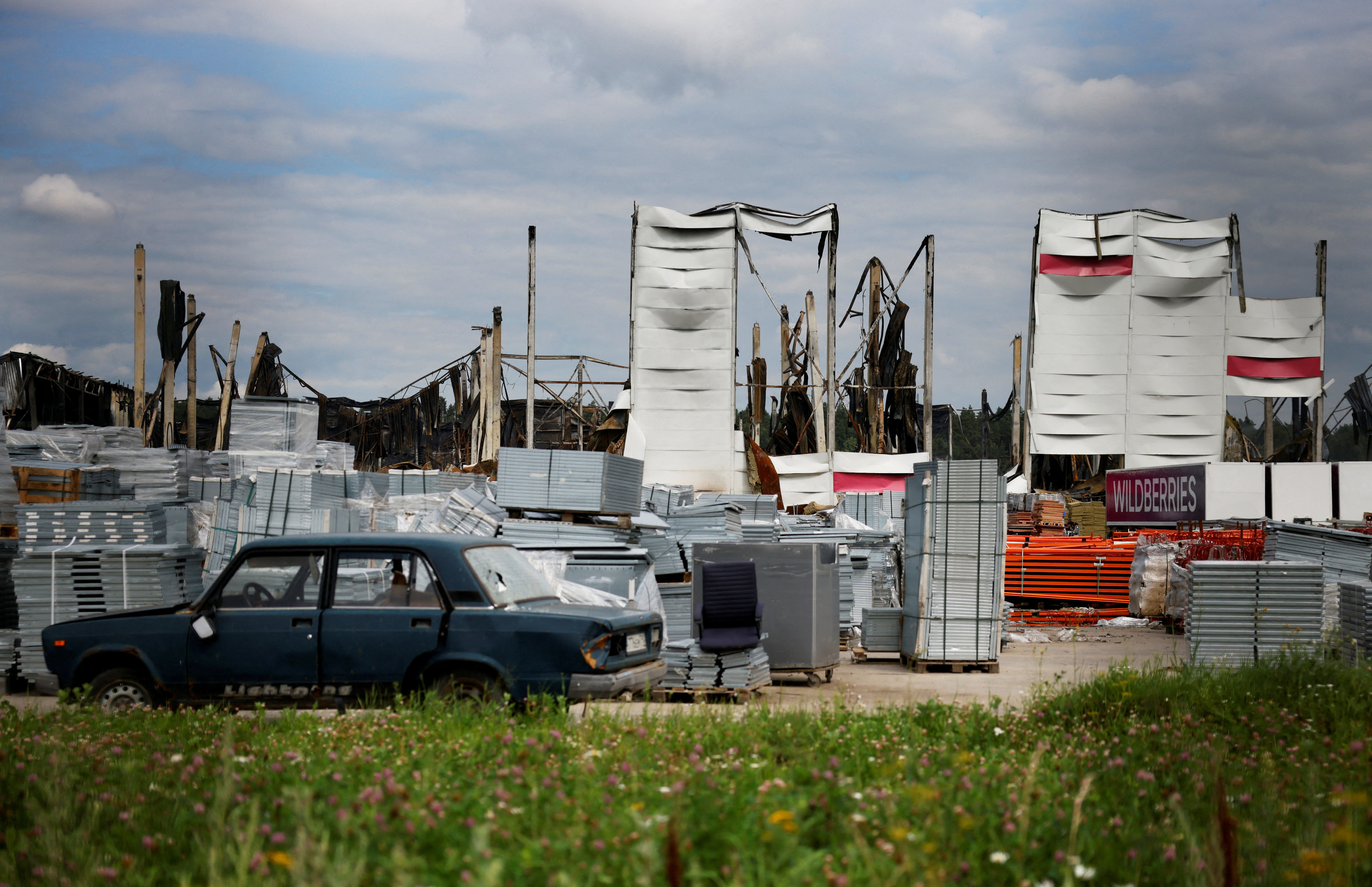 Wildberries warehouse that burned down after a recent Ukrainian drone attack in Elektrostal
