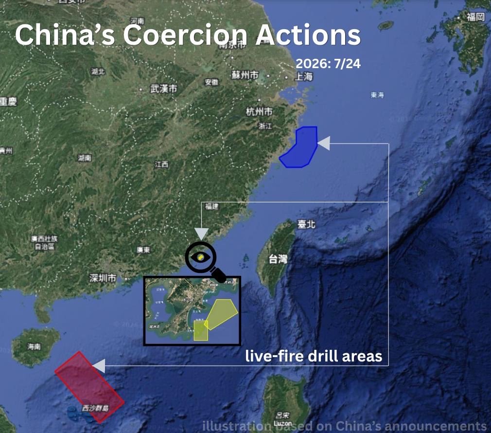 An illustration of several Chinese military live-fire areas in or near the Taiwan Strait on July 24, 2026. (Courtesy of Taiwan National Security Council)