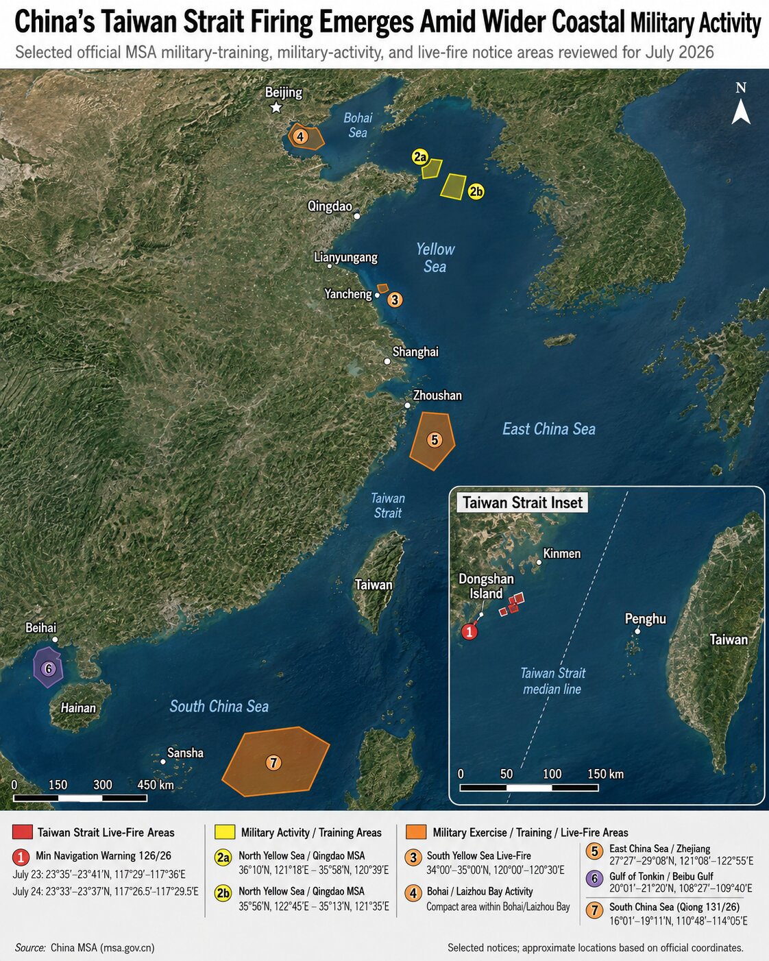Selected Chinese military-training, military-activity, and live-fire areas announced in official maritime navigation warnings in July 2026. Arthur ZhangThe Epoch Times