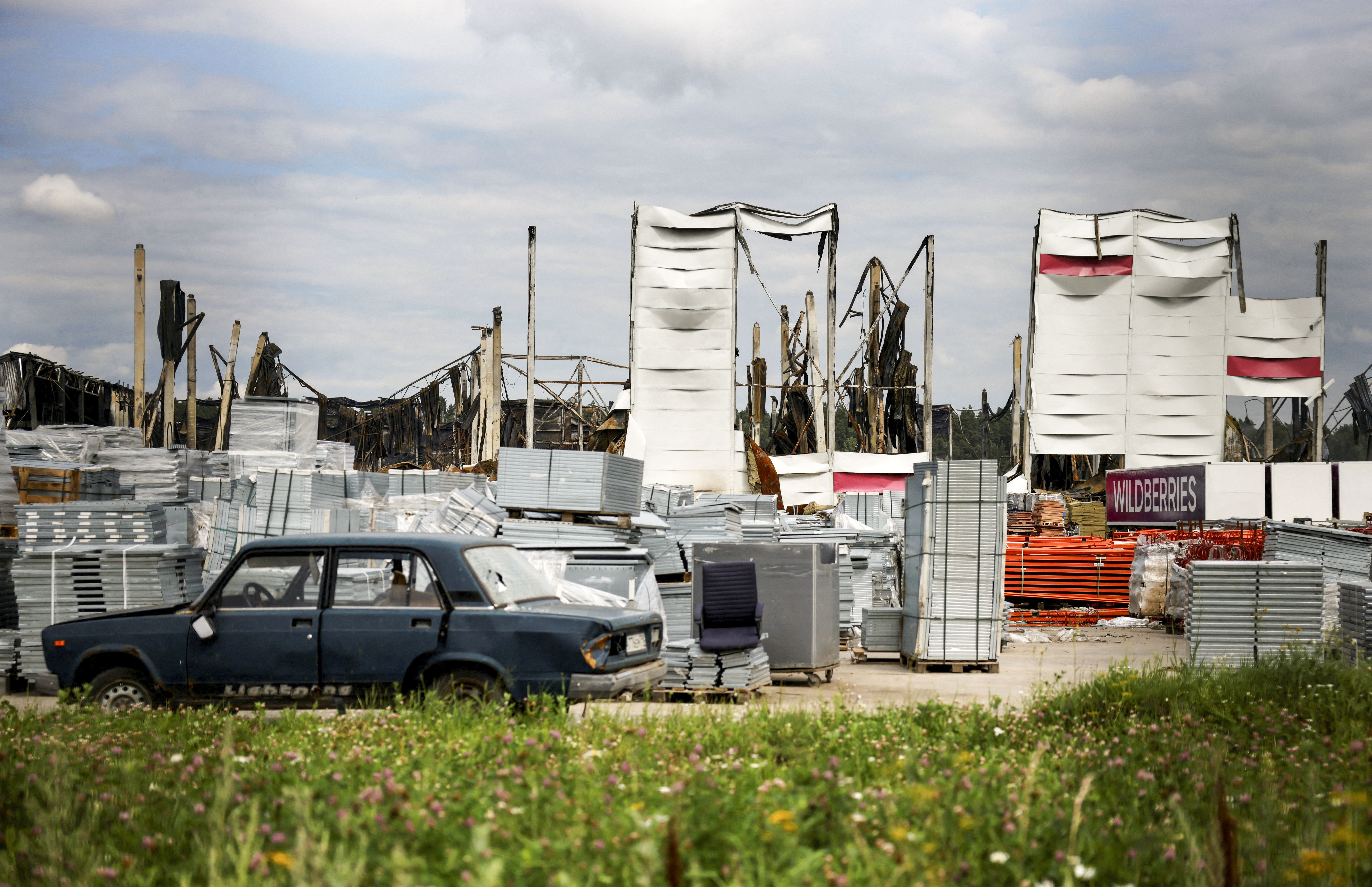Wildberries warehouse that burned down after a recent Ukrainian drone attack in Elektrostal