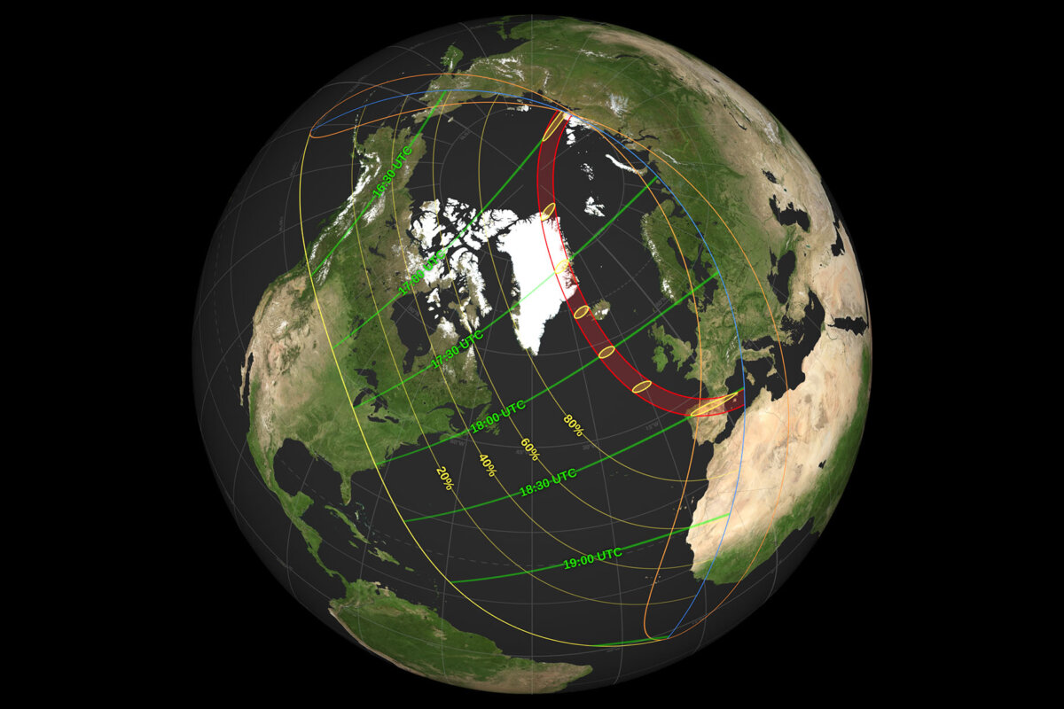 Viewing map of a solar eclipse set to pass over the Earth on Aug. 12, 2026. (Courtesy of NASA).